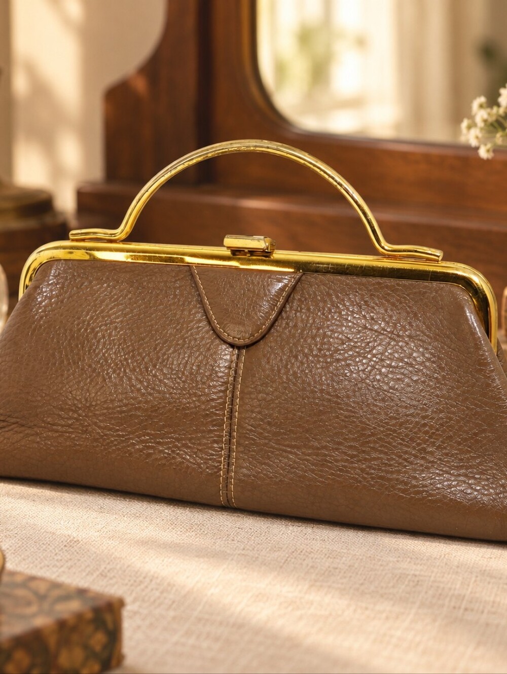 Vintage Brown Leather Frame Clutch Gold Handle 60s 70s Handbag